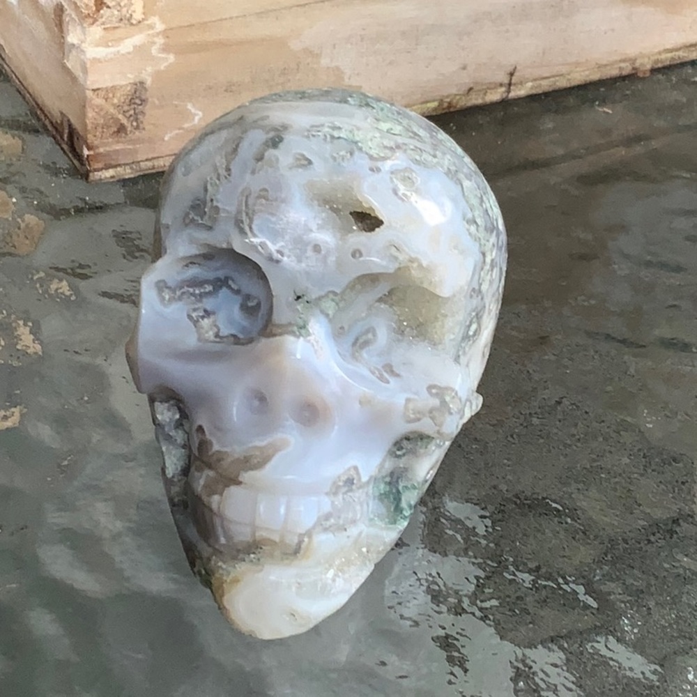 MOSS AGATE HAND CARVED SKULL